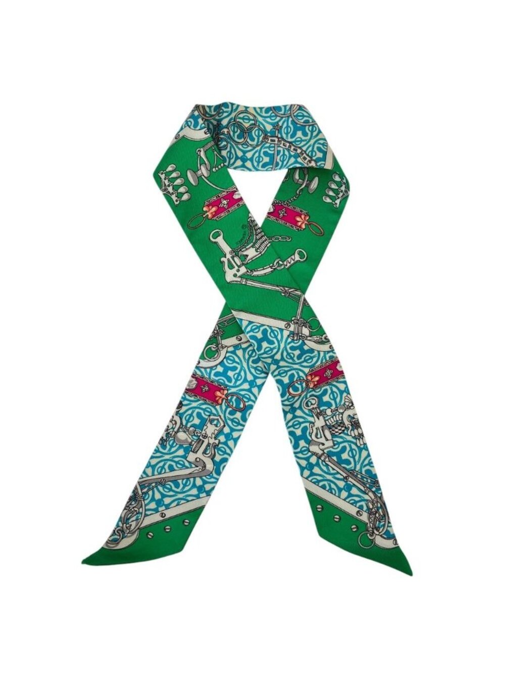 Hermes Mors Et Gourmettes Remix Horsemanship and Chains Twilly Scarf Green - Picture 2 of 6